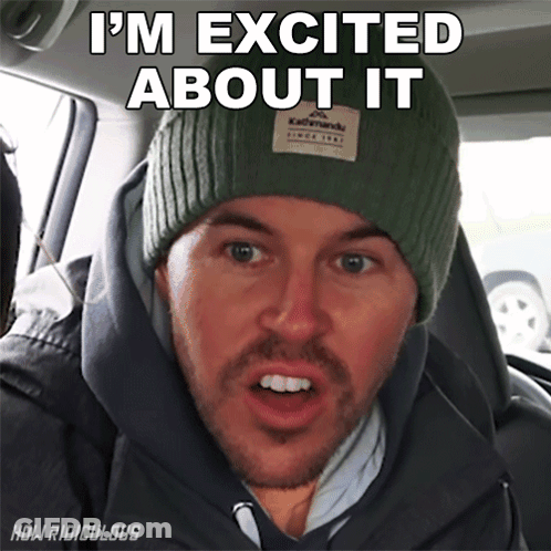 A Man Wearing A Green Beanie With The Words I 'M Excited About It Above Him GIF