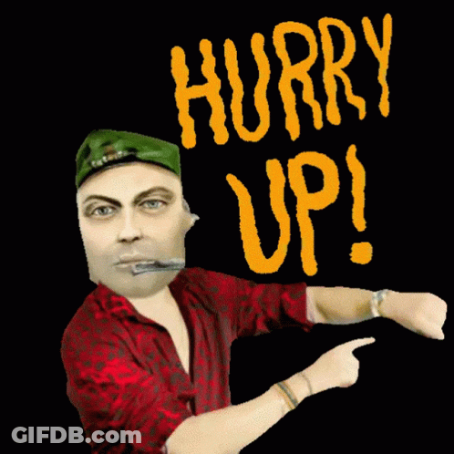 A Man Wearing A Green Hat And A Red Shirt Is Pointing At His Wrist And Says Hurry Up GIF