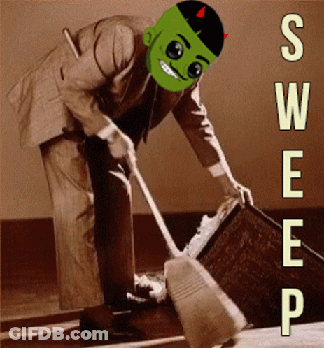 A Man Wearing A Green Mask Is Sweeping The Floor With The Words Sweep Below Him GIF