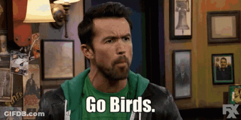 A Man Wearing A Green Shirt And A Black Jacket Says Go Birds GIF