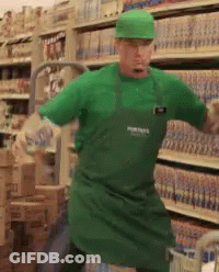 A Man Wearing A Green Shirt And Green Apron With The Word Porter On It GIF