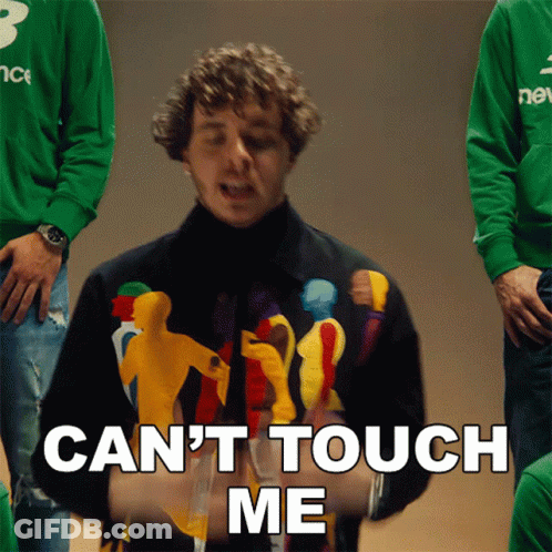 A Man Wearing A Green Sweater Says " Can 'T Touch Me " GIF