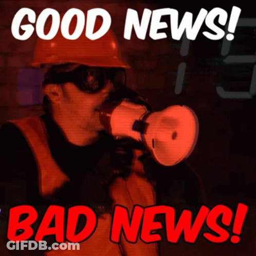 Man In Hard Hat Holding Megaphone Says Good News Bad News GIF