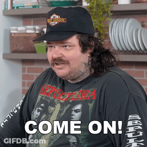 A Man Wearing A Harley Davidson Hat And Shirt Says Come On GIF