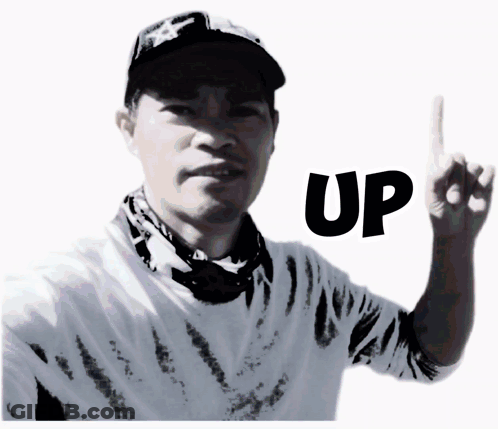 A Man Wearing A Hat And A Bandana Points Up With The Word Up Below Him GIF