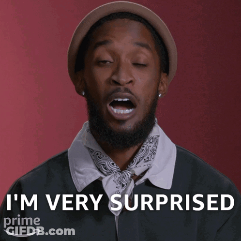 A Man Wearing A Hat And A Bandana Says I 'M Very Surprised On A Red Background GIF