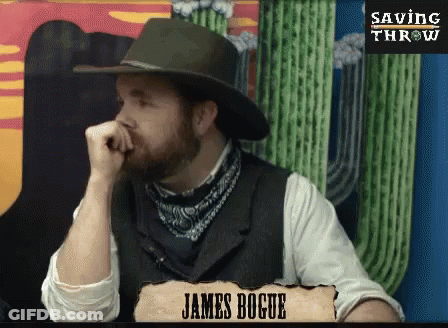A Man Wearing A Hat And A Bandana With The Name James Bogue On The Bottom GIF