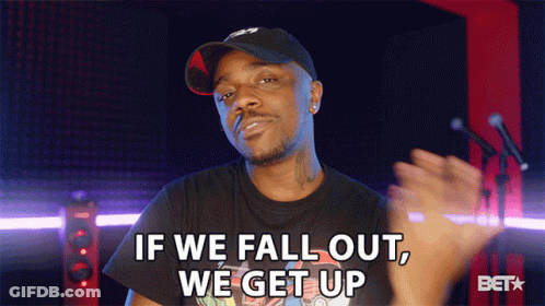 A Man Wearing A Hat And A Black Shirt Says If We Fall Out We Get Up GIF