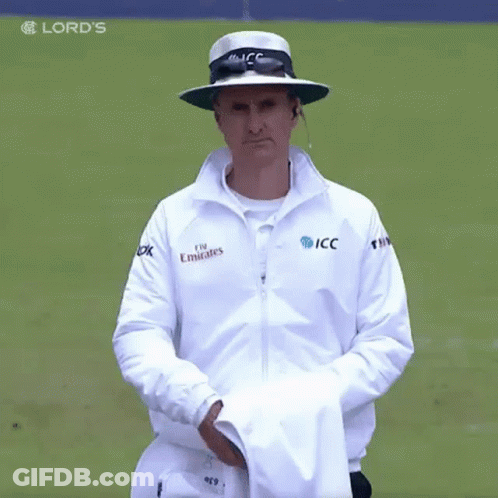 A Man Wearing A Hat And A Jacket Is Standing On A Cricket Field . GIF