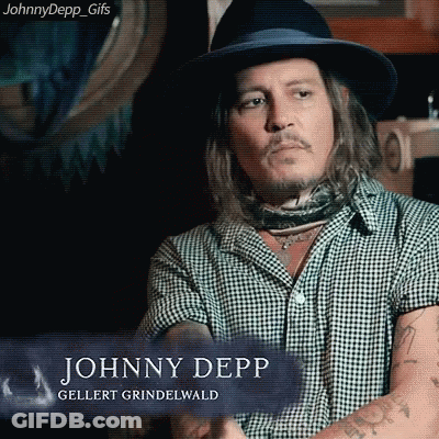 A Man Wearing A Hat And A Plaid Shirt With The Name Johnny Depp Written On It GIF