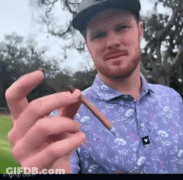 A Man Wearing A Hat And A Purple Shirt Is Holding A Cigarette In His Hand . GIF