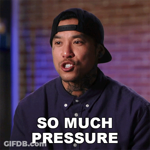 A Man Wearing A Hat And A Purple Shirt Says " So Much Pressure " GIF