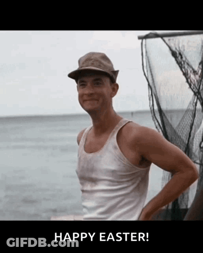 A Man Wearing A Hat And A Tank Top Is Standing In Front Of A Body Of Water And Says Happy Easter GIF