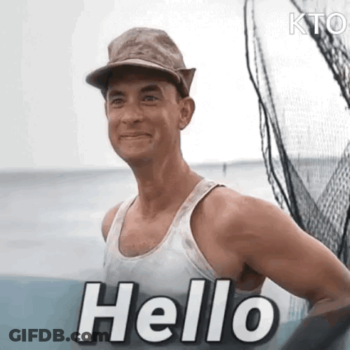 A Man Wearing A Hat And A Tank Top Is Standing On A Boat And Saying Hello . GIF