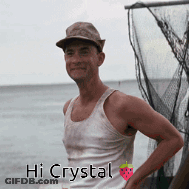 A Man Wearing A Hat And A Tank Top Stands In Front Of A Fishing Net With The Words Hi Crystal Written On The Bottom GIF