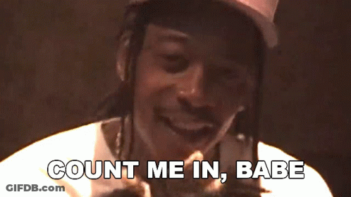 A Man Wearing A Hat And A White Shirt Says Count Me In Babe GIF