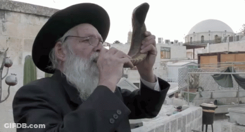 A Man Wearing A Hat And Glasses Is Blowing A Shofar Horn GIF