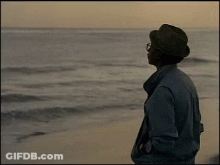 A Man Wearing A Hat And Glasses Is Standing On A Beach Looking At The Ocean GIF