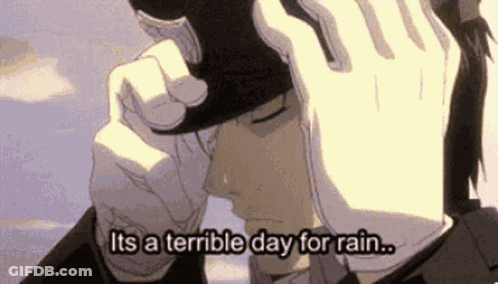 A Man Wearing A Hat And Gloves Says It Is A Terrible Day For Rain GIF