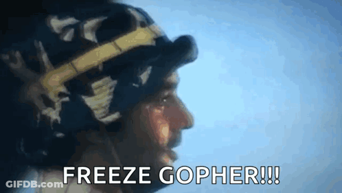 A Man Wearing A Hat And Goggles Is Saying `` Freeze Gopher !!! '' GIF