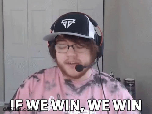 A Man Wearing A Hat And Headphones Is Saying If We Win We Win GIF