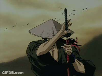 A Man Wearing A Hat And Holding A Sword In A Cartoon GIF