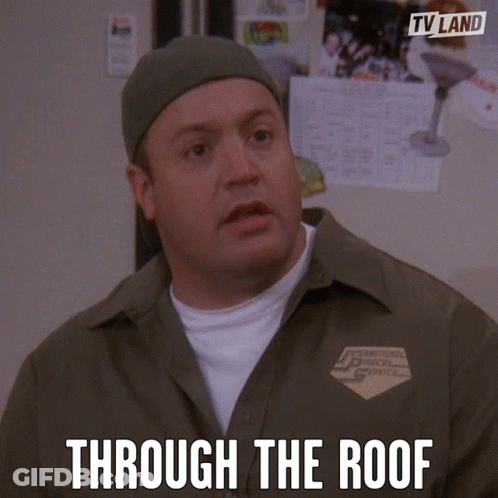 A Man Wearing A Hat And Overalls With The Words Through The Roof Below Him GIF