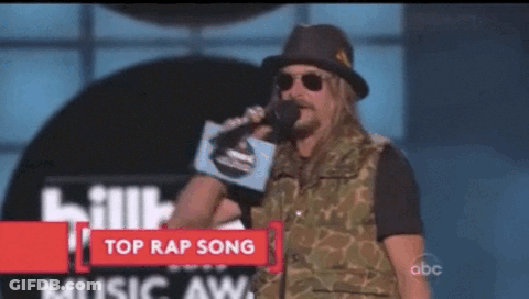 A Man Wearing A Hat And Sunglasses Holds A Microphone In Front Of A Sign That Says " Top Rap Song " GIF