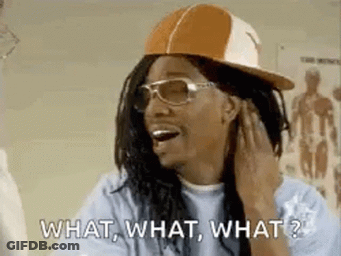 A Man Wearing A Hat And Sunglasses Is Laughing And Saying What , What , What . GIF