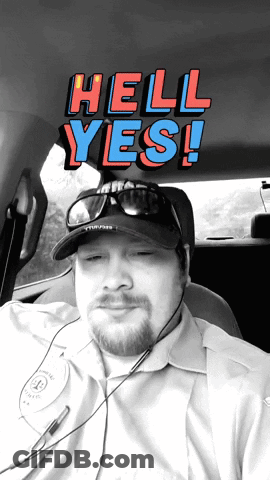 A Man Wearing A Hat And Sunglasses Is Sitting In A Car With The Words Hell Yes Behind Him GIF