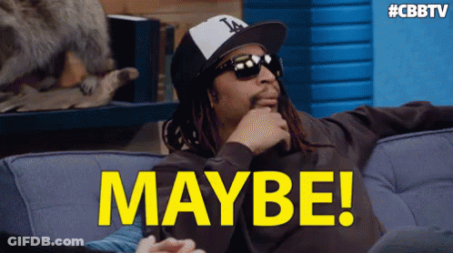 A Man Wearing A Hat And Sunglasses Is Sitting On A Couch With The Word Maybe In Yellow Letters GIF