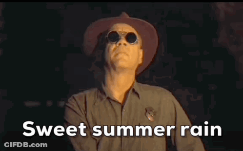 A Man Wearing A Hat And Sunglasses Says Sweet Summer Rain . GIF
