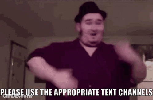 A Man Wearing A Hat Is Dancing In A Room And Asking People To Use The Appropriate Text Channels . GIF