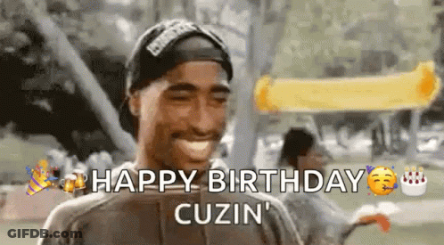 A Man Wearing A Hat Is Laughing And Saying Happy Birthday Cuzin . GIF