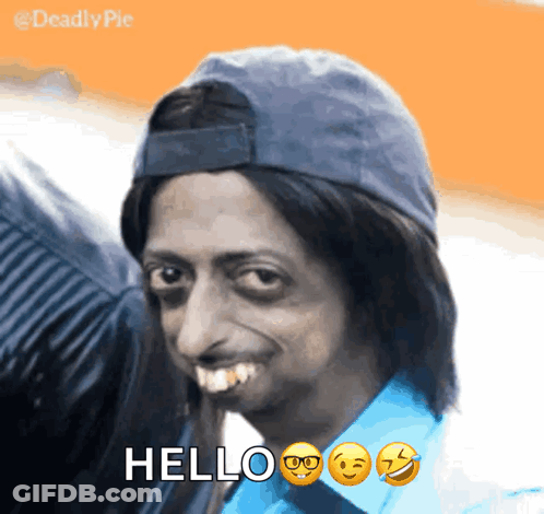 A Man Wearing A Hat Says Hello With Emojis Around His Face GIF