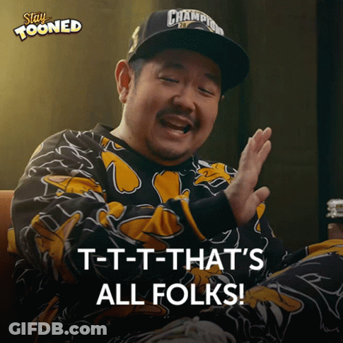 A Man Wearing A Hat That Says Champion On It Says " T-T-T-That 'S All Folks " GIF