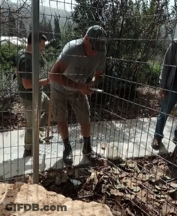 A Man Wearing A Hat That Says Fed Is Standing Behind A Wire Fence GIF