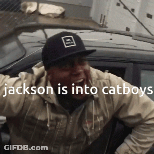 A Man Wearing A Hat That Says Jackson Is Into Cat Boys GIF