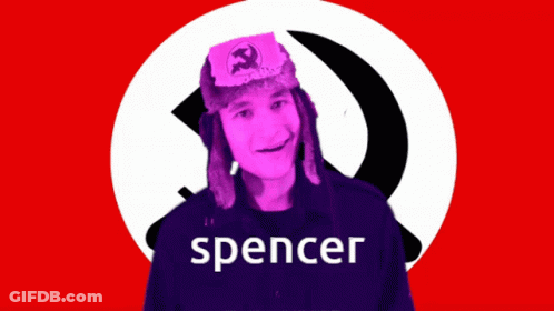 A Man Wearing A Hat With A Hammer And Sickle And The Name Spencer GIF