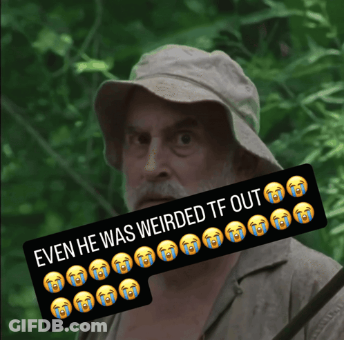 A Man Wearing A Hat With A Sticker That Says Even He Was Weirded Tf Out GIF