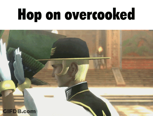 A Man Wearing A Hat With The Words Hop On Overcooked Below It GIF