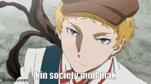 A Man Wearing A Hat With The Words Kin Society Mod Mak On It GIF