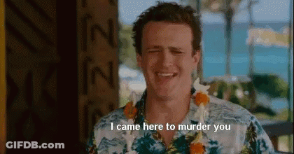 A Man Wearing A Hawaiian Shirt And A Lei Is Smiling And Says `` I Came Here To Murder You '' . GIF