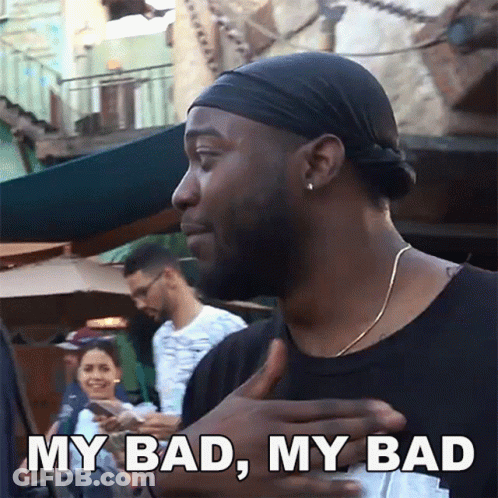 A Man Wearing A Headband And A Black Shirt Says My Bad My Bad GIF