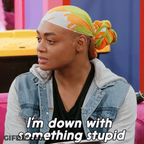 A Man Wearing A Headband And A Denim Jacket Says " I 'M Down With Something Stupid " GIF