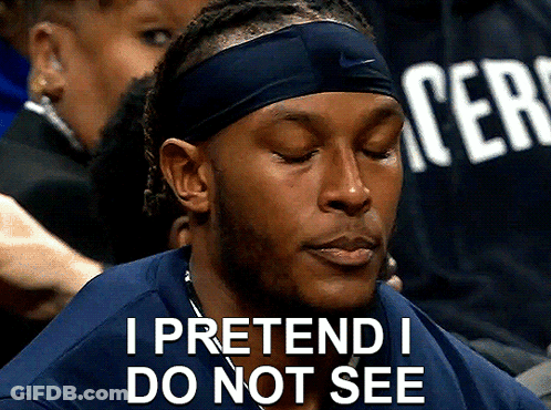 A Man Wearing A Headband And A Shirt That Says " I Pretend I Do Not See " GIF