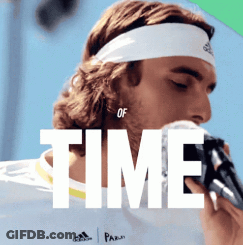 A Man Wearing A Headband Is Drinking From A Bottle With The Word Time Above Him GIF