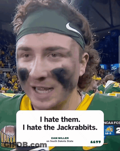 A Man Wearing A Headband With The Words I Hate Them I Hate The Jackrabbits On The Bottom GIF