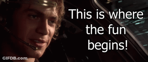 A Man Wearing A Headset With The Words " This Is Where The Fun Begins " Above Him GIF