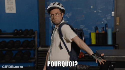 A Man Wearing A Helmet And A Backpack Is Asking Pourquoi GIF